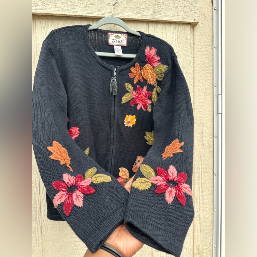 Tiara Black  Patchwork with Floral and Squirrel Embroidery Zip up Cardigan - Picture 8 of 9